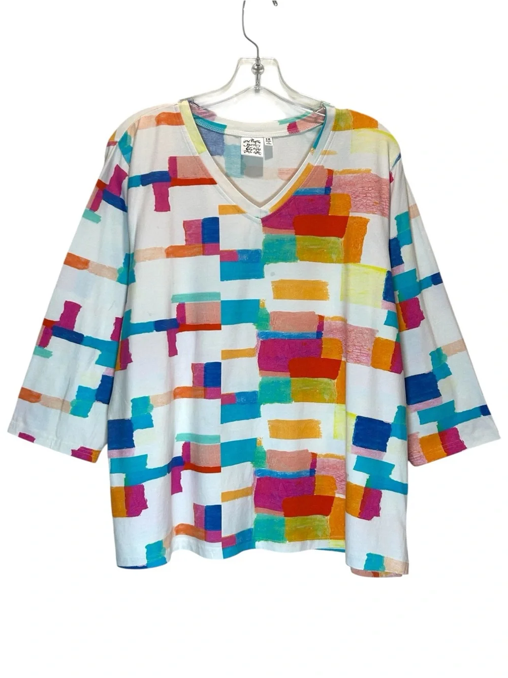 Parsley & Sage White Cotton Knit Tunic, Multicolored Geometric Design - Size 1X